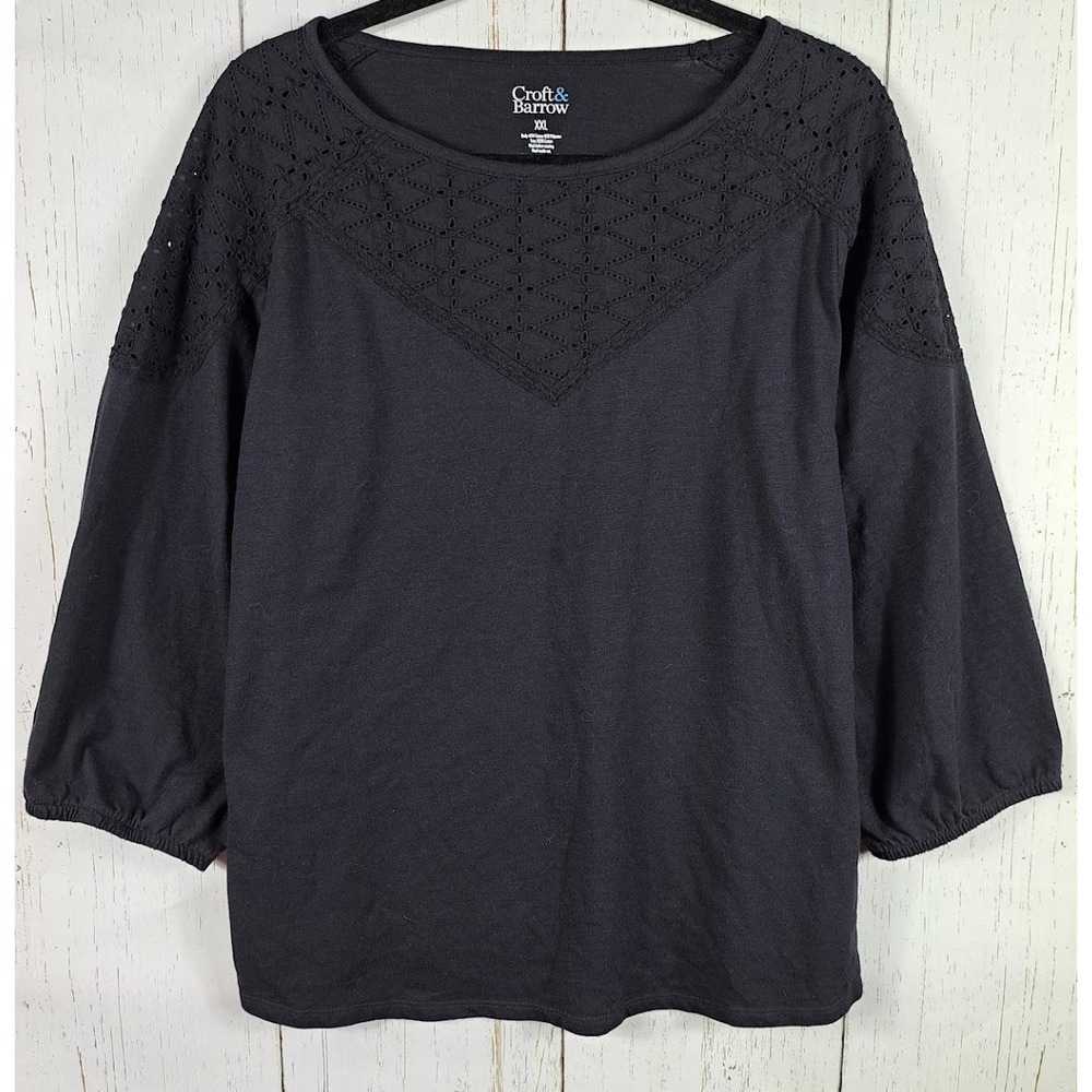 Croft Barrow Plus Size‎ XXL Womens Black Embroidered 3/4 Sleeve Blouse
